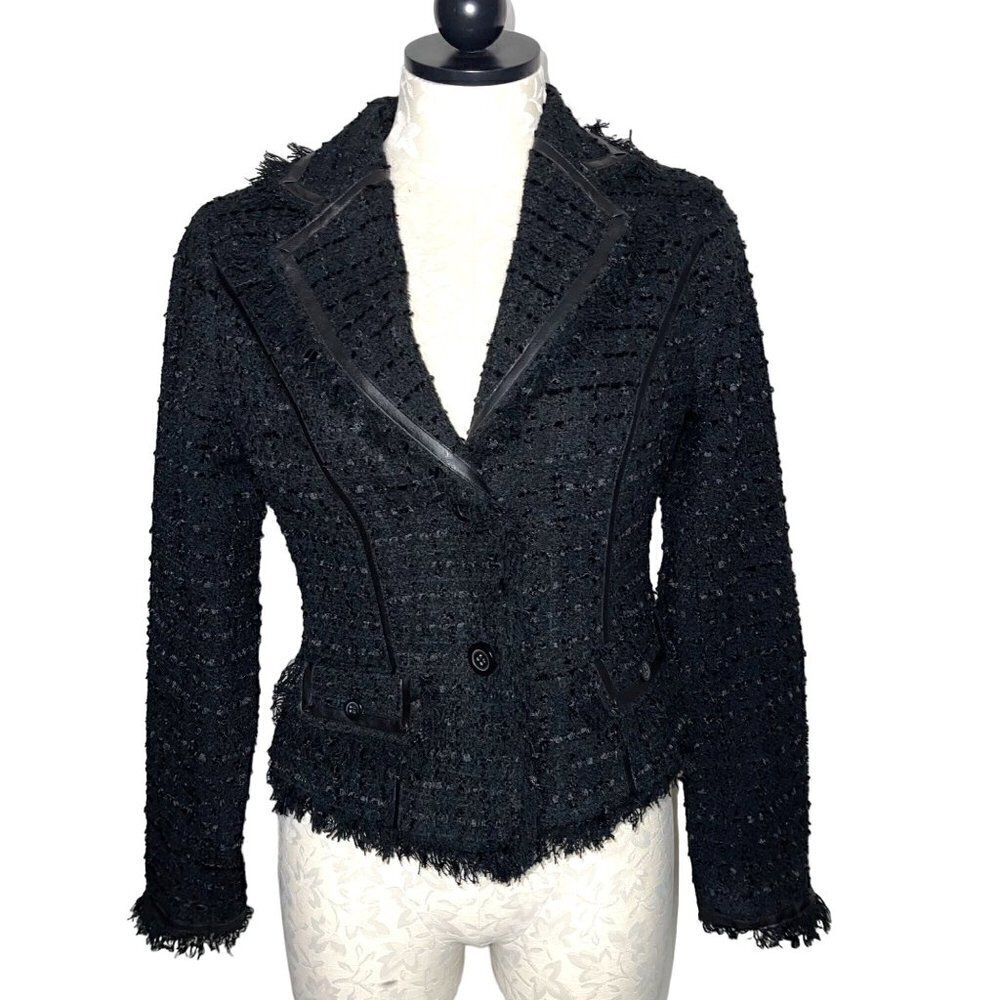 Cache Womens Blazer Black Size 2 Vintage Textured Lined Acrylic Blend Fringe